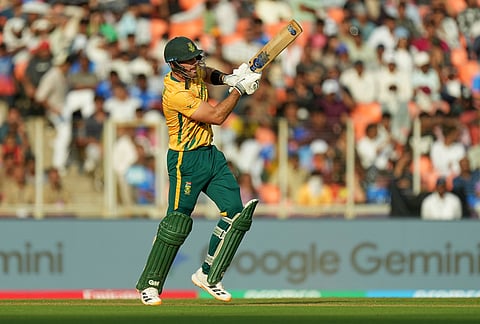 South Africa's captain Aiden Markram bats during the T20 World Cup cricket match between South Africa and West Indies in Ahmedabad.