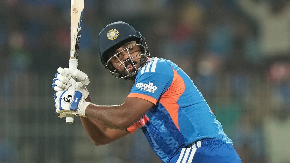 (AP Photo/Mahesh Kumar A.) : India's Sanju Samson hits a boundary during the T20 World Cup cricket match between India and Zimbabwe in Chennai, India, Thursday, Feb. 26, 2026