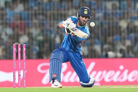 India's Tilak Varma plays a shot during the T20 World Cup cricket match between India and Zimbabwe in Chennai, India.