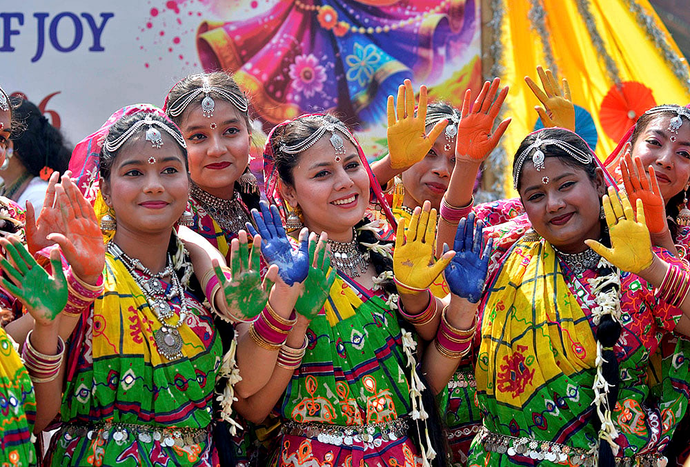 | Photo: PTI : Students of Patna Women's College during Holi festival celebrations, in Patna.