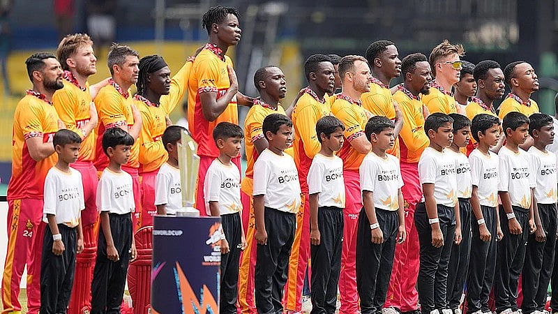 AP : Zimbabwe's players line up for the national anthems before the start of their T20 World Cup match against Australia in Colombo.