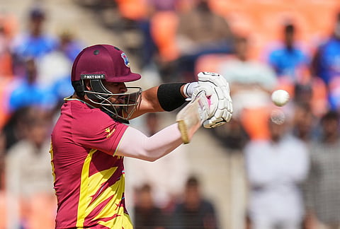 West Indies' Brandon King bats during the T20 World Cup cricket match between South Africa and West Indies in Ahmedabad.