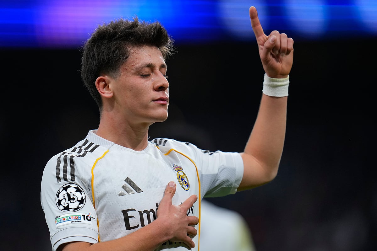 | Photo: AP/Manu Fernandez : Real Madrid's Arda Guler celebrates after scores a disallowed goal during the second leg of the Champions League playoff soccer match between Real Madrid and Benfica in Madrid, Spain, Wednesday, Feb. 25, 2026.