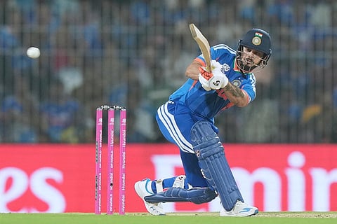 India's Ishan Kishan plays a shot during the T20 World Cup cricket match between India and Zimbabwe in Chennai, India.