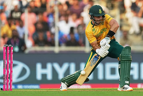 South Africa's captain Aiden Markram plays a shot during the T20 World Cup cricket match between South Africa and West Indies in Ahmedabad.