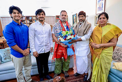 LoP in the Lok Sabha Rahul Gandhi with Telangana Deputy Chief Minister Bhatti Vikramarka Mallu during a meeting. 