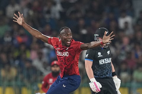 England's Jofra Archer appeals unsuccessfully for the wicket of New Zealand's Tim Seifert during the T20 World Cup cricket match between England and New Zealand in Colombo, Sri Lanka.