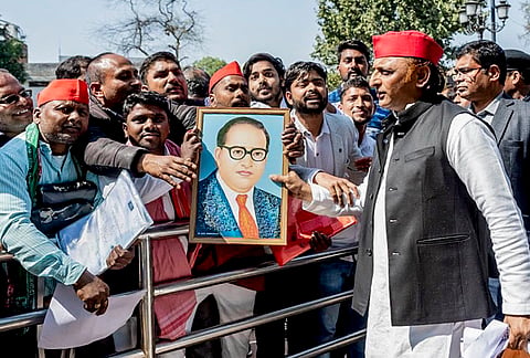 Samajwadi Party President Akhilesh Yadav during an interaction with workers and leaders who arrived from various districts of the state at the Samajwadi Party's state headquarters in Lucknow. 