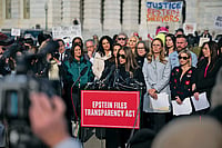 The Stink Of Epstein Demanding Justice: Survivor Haley Robson speaks alongside lawmakers during a news conference on the Epstein Files Transparency Act in Washington DC on November 18, 2025