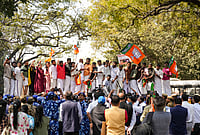 | Photo: PTI/Karma Bhutia : Security personnel keep vigil during a protest by members of Bhartiya Janata Yuva Morcha's (BJYM) Kerala wing, demanding a CBI investigation into the Sabarimala gold loss case, in New Delhi.
