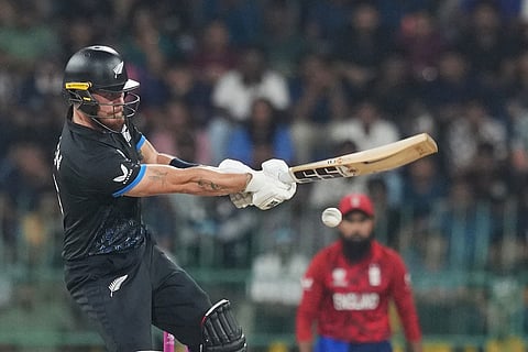 New Zealand's Finn Allen plays a shot during the T20 World Cup cricket match between England and New Zealand in Colombo, Sri Lanka.