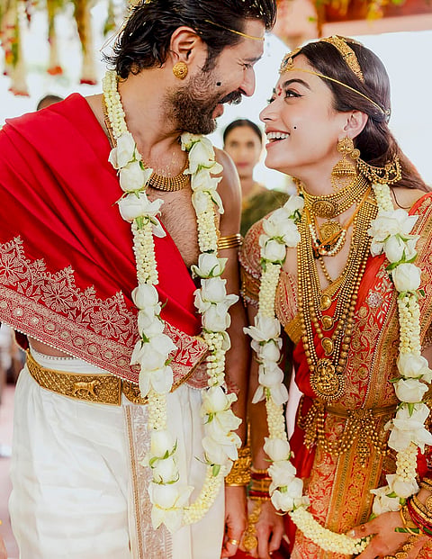 Actors Rashmika Mandanna and Vijay Deverakonda during their wedding ceremony, on the outskirts of Udaipur, Rajasthan.