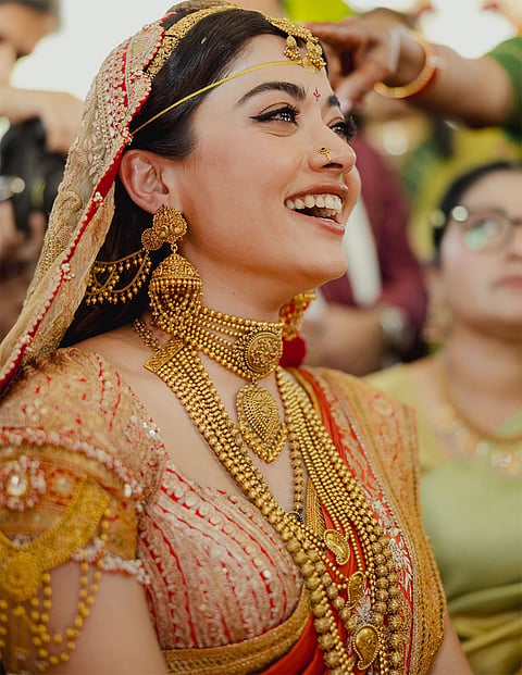 Actor Rashmika Mandanna during her wedding with actor Vijay Deverakonda, on the outskirts of Udaipur, Rajasthan. 