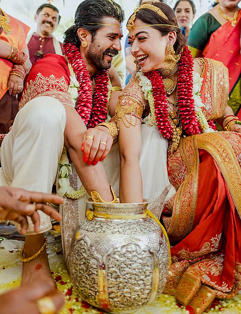 Actors Rashmika Mandanna and Vijay Deverakonda during their wedding ceremony, on the outskirts of Udaipur, Rajasthan. 