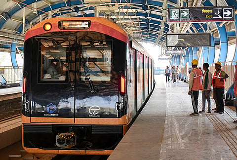 A metro trains stationed as the Patna Metro Rail Corporation Limited conducts a trial run of metro services between Bhootnath and Malahi Pakri stations.