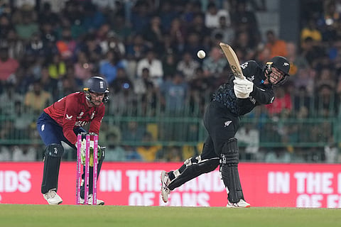 New Zealand's Mark Chapman plays a shot during the T20 World Cup cricket match between England and New Zealand in Colombo, Sri Lanka.