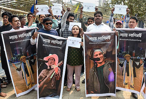 Members of Assam Jatiya Parishad stage a protest demanding justice for late singer Zubeen Garg, in Guwahati.
