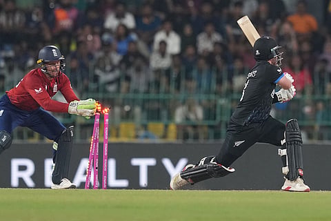 England's Jos Buttler stumps out New Zealand's Tim Seifert during the T20 World Cup cricket match between England and New Zealand in Colombo, Sri Lanka.