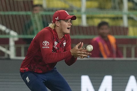 England's Jacob Bethell takes the catch to get dismiss New Zealand's Finn Allen during the T20 World Cup cricket match between England and New Zealand in Colombo, Sri Lanka.