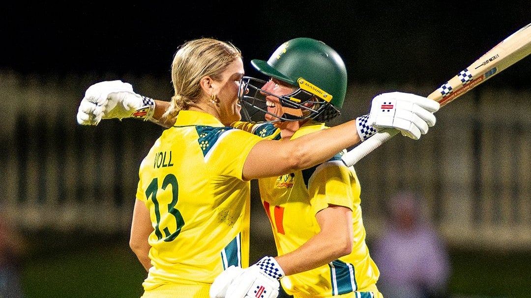 cricketcomau/X : Australia cricketer Georgia Voll celebrating her century with teammates during India Women vs Australia Women.