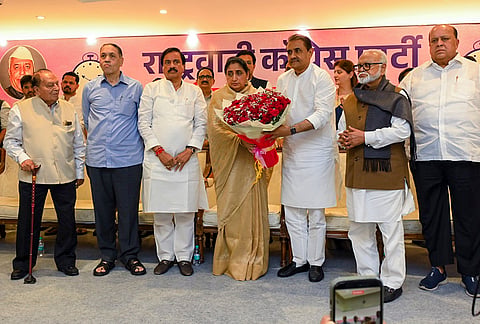 Maharashtra Deputy Chief Minister Sunetra Pawar, NCP Maharashtra President Sunil Tatkare, party leaders Praful Patel, Chhagan Bhujbal after Sunetra Pawar was unanimously elected as the new national president of the ruling Nationalist Congress Party (NCP). 