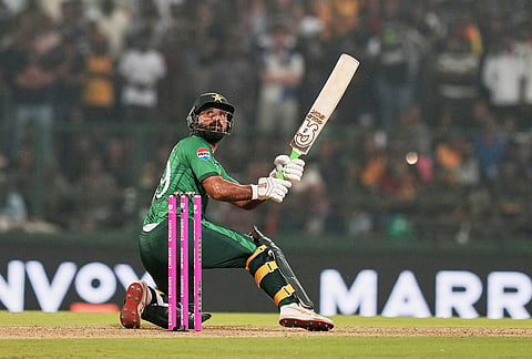 Pakistan's Fakhar Zaman plays a shot during the T20 World Cup cricket match between Pakistan and Sri Lanka in Pallekele, Sri Lanka.