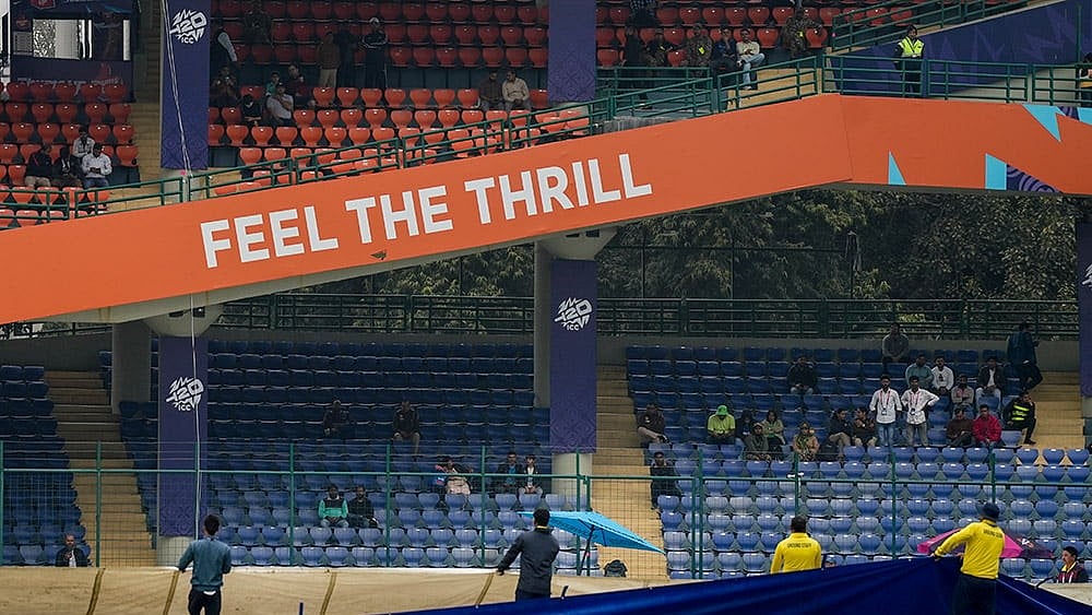 Photo: PTI/Salman Ali : Groundsmen remove covers from the field before the start of the ICC Men's T20 World Cup 2026 cricket match between South Africa and UAE, at Arun Jaitley Stadium, in New Delhi.