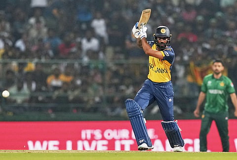 Sri Lanka's Kamil Mishara plays a shot during the T20 World Cup cricket match between Pakistan and Sri Lanka in Pallekele, Sri Lanka.