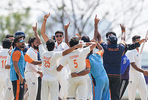 Jammu and Kashmir's players celebrate their victory in the Ranji Trophy 2025-26 final cricket match against Karnataka, at KSCA Stadium, in Hubballi, Karnataka.