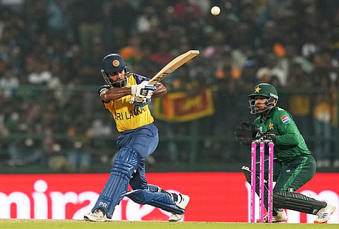 Sri Lanka's Pavan Rathnayake plays a shot during the T20 World Cup cricket match between Pakistan and Sri Lanka in Pallekele, Sri Lanka.