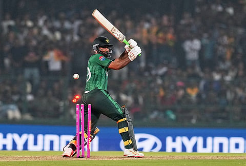 Pakistan's Fakhar Zaman is bowled out by Sri Lanka's Dushmantha Chameera during the T20 World Cup cricket match between Pakistan and Sri Lanka in Pallekele, Sri Lanka.
