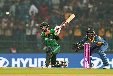 Pakistan's Sahibzada Farhan plays a shot during the T20 World Cup cricket match between Pakistan and Sri Lanka in Pallekele, Sri Lanka.