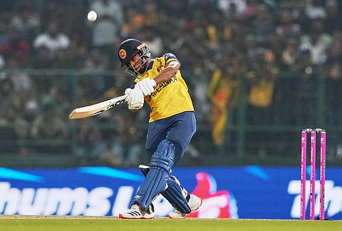 Sri Lanka's Pathum Nissanka plays a shot during the T20 World Cup cricket match between Pakistan and Sri Lanka in Pallekele, Sri Lanka.