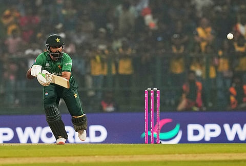 Pakistan's Fakhar Zaman plays a shot during the T20 World Cup cricket match between Pakistan and Sri Lanka in Pallekele, Sri Lanka.