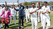 PTI/Shailendra Bhojak : Jammu and Kashmir's Auqib Nabi with teammates celebrates the team's victory in the Ranji Trophy 2025-26 final against Karnataka, at KSCA Stadium in Hubballi.
