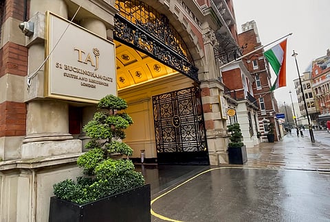 A view of the historic Taj Hotel in London. 