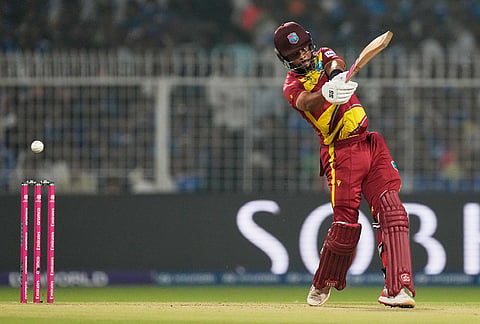 West Indies' captain Shai Hope plays a shot during the T20 World Cup cricket match between India and West Indies in Kolkata.