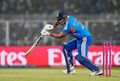India's Shivam Dube plays a shot during the T20 World Cup cricket match between India and West Indies in Kolkata.