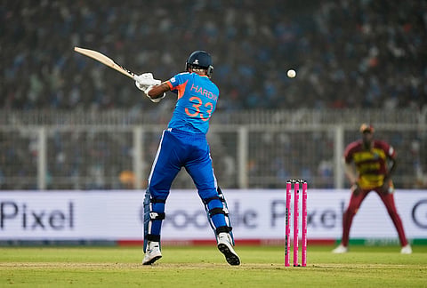 India's Hardik Pandya bats during the T20 World Cup cricket match between India and West Indies in Kolkata.