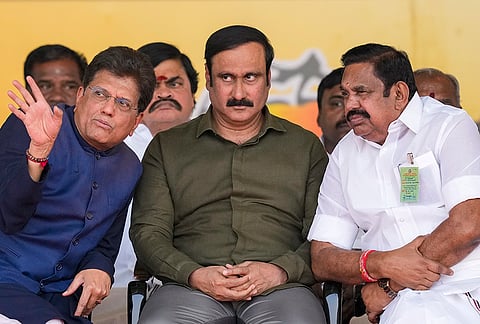 Union Minister Piyush Goyal, left, with LoP in the Tamil Nadu Assembly Edappadi K Palaniswami, right, and others during an NDA election campaign meeting for the state Assembly polls, in Madurai.