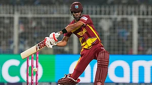 AP : West Indies' Roston Chase plays a shot during the T20 World Cup cricket match between India and West Indies in Kolkata.