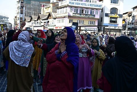 People take part in a protest against the alleged killing of Iranian Supreme Leader Ayatollah Ali Khamenei in a reported US-Israel strike, in Srinagar.