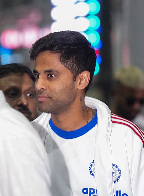 India's captain Suryakumar Yadav leaves from the airport after the team's arrival for the ICC Men's T20 World Cup 2026 cricket match against West Indies, in Kolkata.