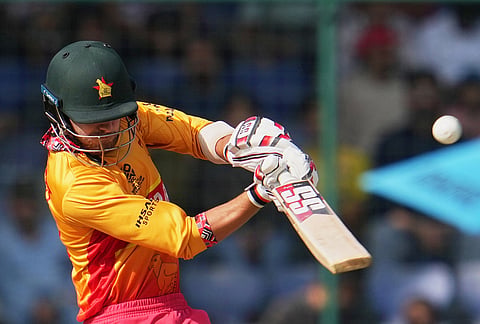 Zimbabwe's Brian Bennett plays a shot during the T20 World Cup cricket match between South Africa and Zimbabwe in New Delhi.