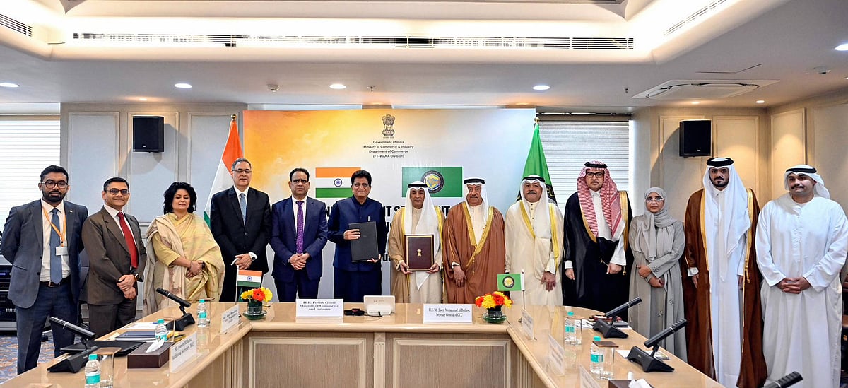 Union Minister Piyush Goyal signs the Joint Statement for the India GCC FTA with the Secretary General of the Gulf Cooperation Council, Jasem Mohammad Al Budaiwi, in New Delhi on Tuesday. 