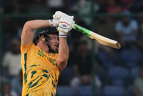 South Africa's David Miller reacts after losing his wicket during the T20 World Cup cricket match between South Africa and Zimbabwe in New Delhi.