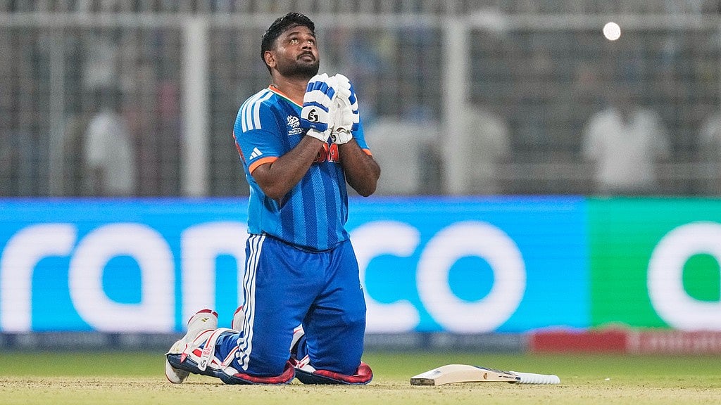 AP : Sanju Samson looks to the heavens after helping India win the T20 World Cup match against West Indies in Kolkata.