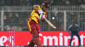 AP : West Indies' Shimron Hetmyer plays a shot during the T20 World Cup cricket match between India and West Indies in Kolkata.