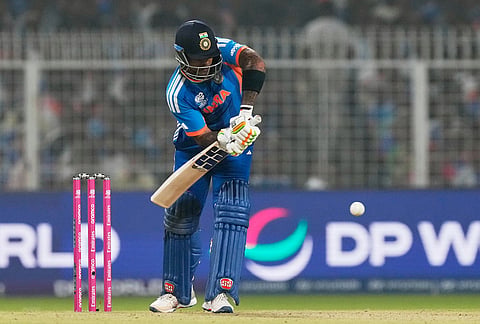India's captain Suryakumar Yadav plays a shot during the T20 World Cup cricket match between India and West Indies in Kolkata.