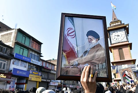 People protest against the alleged killing of Iranian Supreme Leader Ayatollah Ali Khamenei in a reported US-Israel strike, in Srinagar